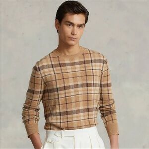 Ralph Lauren Men's Checkered Crewneck Sweater - Tan and Brown